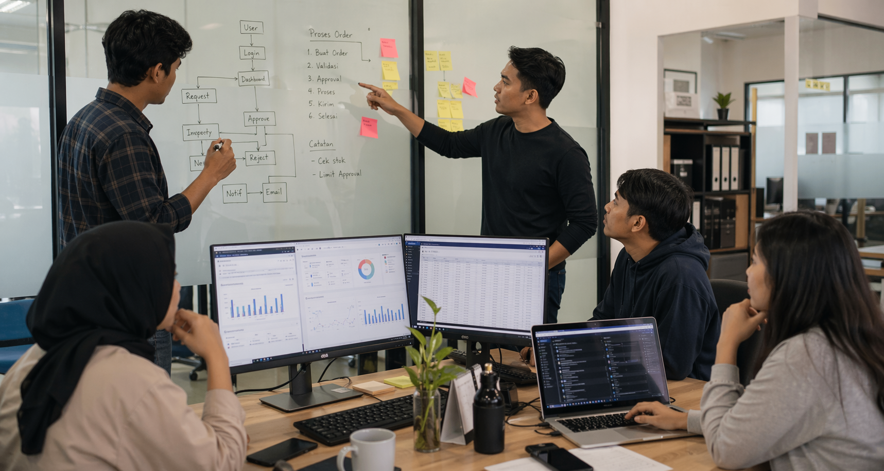 Software team reviewing workflow planning and dashboards in an office